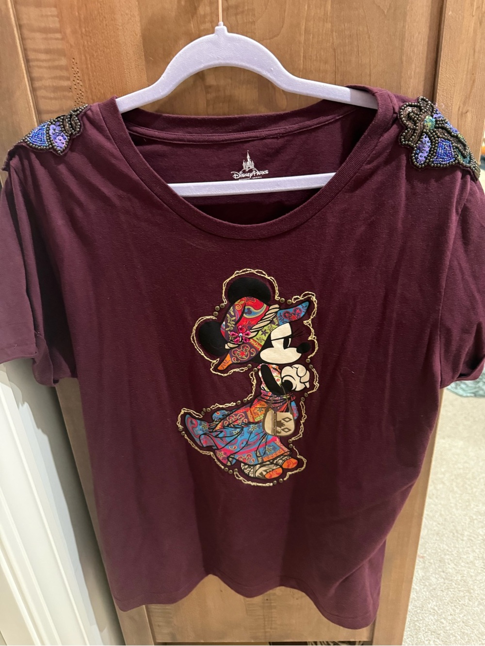 Disney Parks shirt bohemian-style Minnie Mouse graphic and beaded shoulders xxl